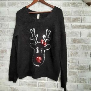No Boundaries Black Sweater with Red Reindeer Design